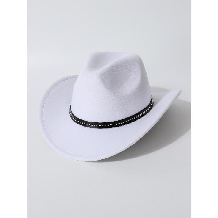 Ковбойская шляпа с изогнутыми полями, украшенная заклепками и кожаным ремнем, в западно-европейском и американском стиле, унисекс, шляпа-федора белый