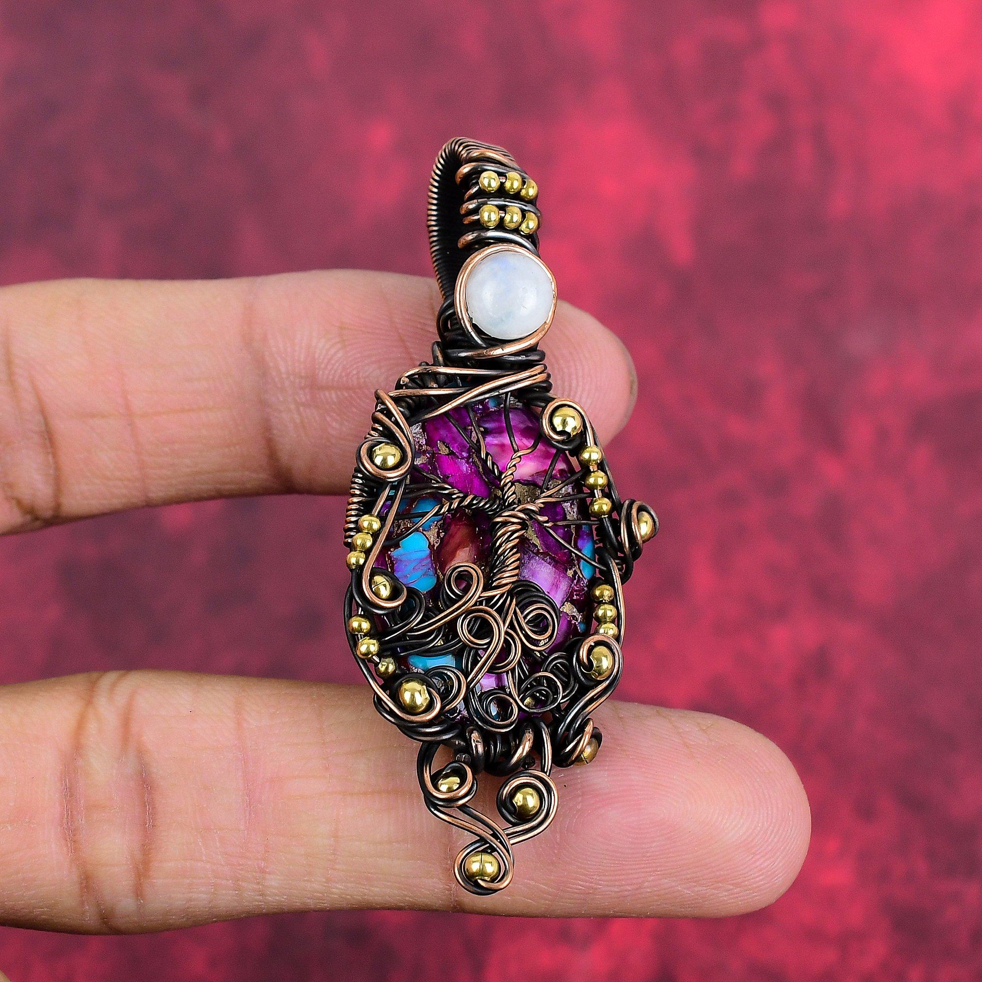 

Tree of life natural kingman pink dahlia turquoise pendant copper wire wrapped gemstone pendant handmade moonstone jewelry gifts for mother