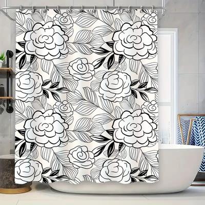 Stylish Black White Floral Print Shower Curtain Waterproof Bathroom Decor for Home Living Room or Hotel Spa