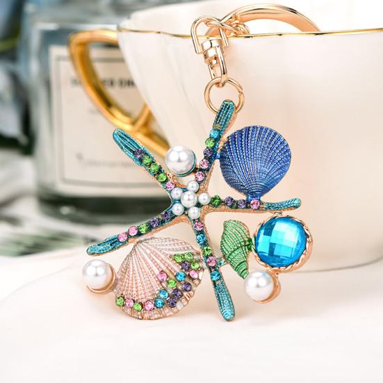 Rhinestone Starfish Keychain Sparkling Shell Faux Pearl Keyring Pendant for Purse Backpack Accessory Gift for Friends