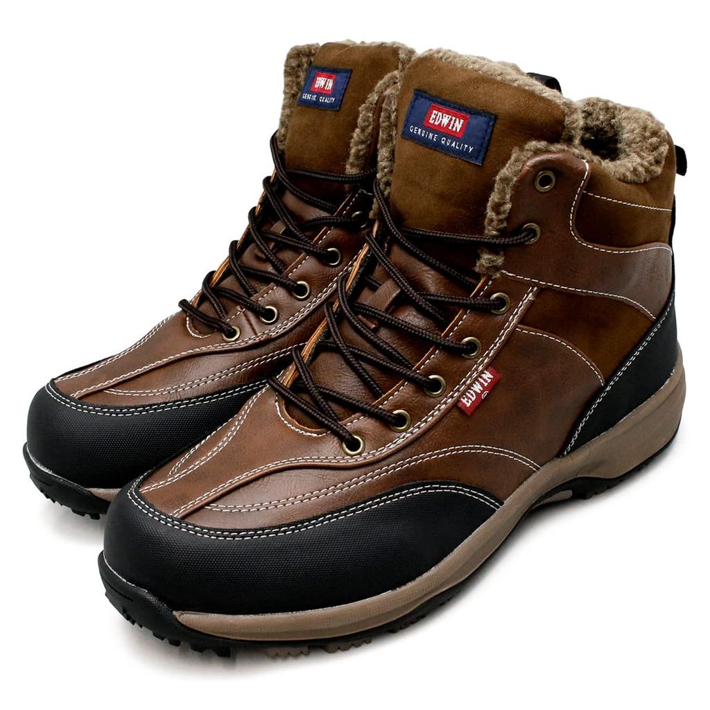 EDWIN Men’s Waterproof Winter Boots EDS9120s – Insulated Faux Leather Snow Trekking Boots with Anti-Slip Sole (Brown, 25.0 cm)
