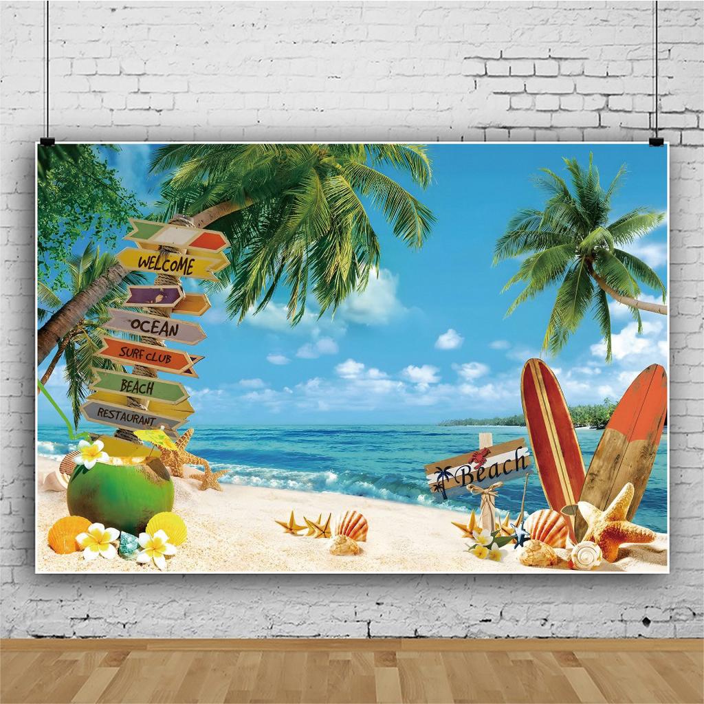 Summer Hawaii Beach Backdrop Tropical Flowers Aloha Luau Sea Surfboard Holiday Party Birthday Photography Background Decor Props