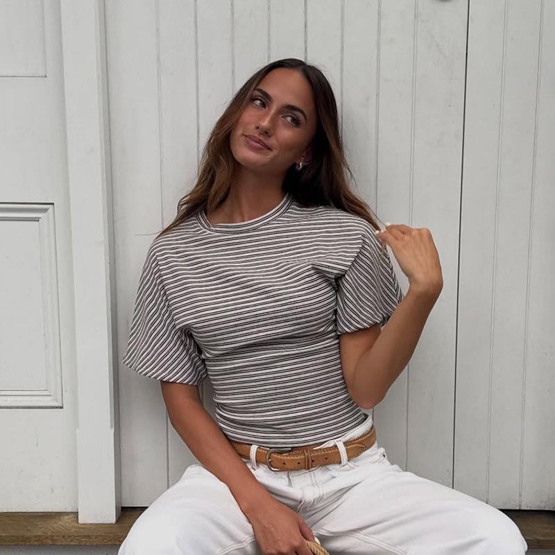Q25TP400 Women's Slim-Fit Autumn Striped Round Neck Short Sleeve Top