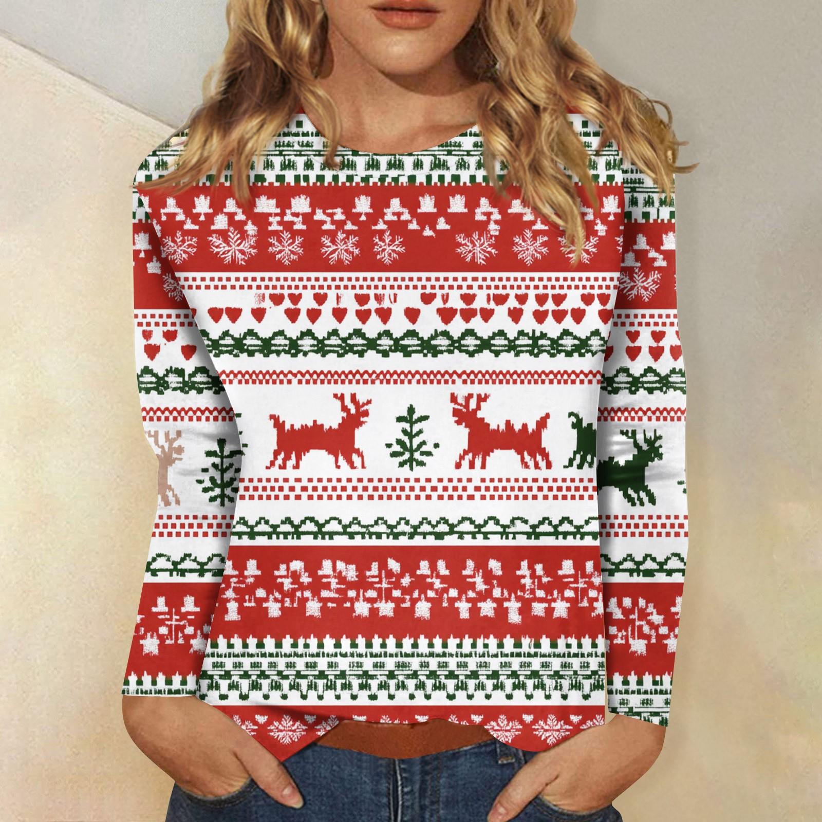 

Женский модный повседневный топ с длинными рукавами и рождественским принтом с круглым вырезом Топ с длинными рукавами XL красный