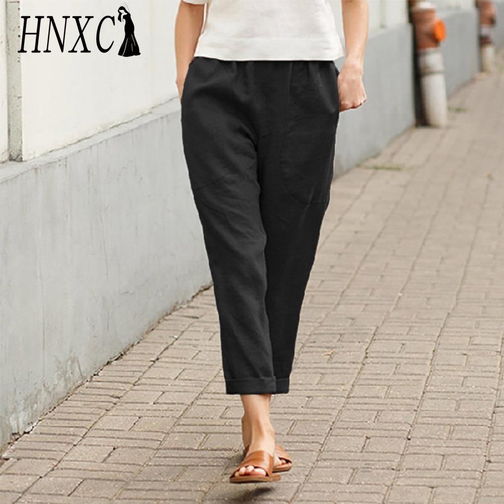 HNXC Dámské letní jednobarevné kalhoty s dvojitou kapsou volné dlouhé kalhoty dámské bavlněné lněné kalhoty