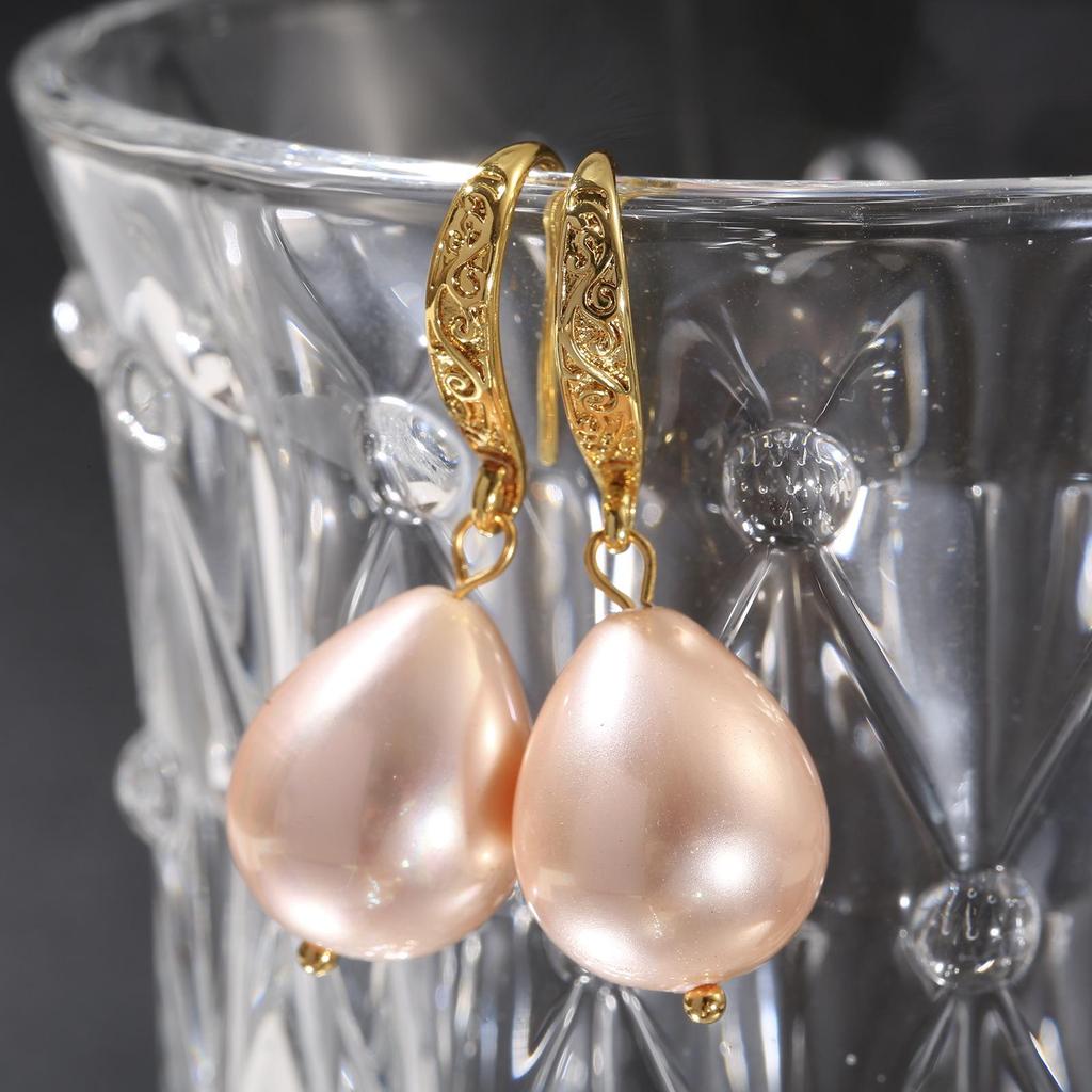 LNCHRAN Copper Gold-Plated Retro Carved Water Drop Imitation Pearl Luxury Women's Earrings