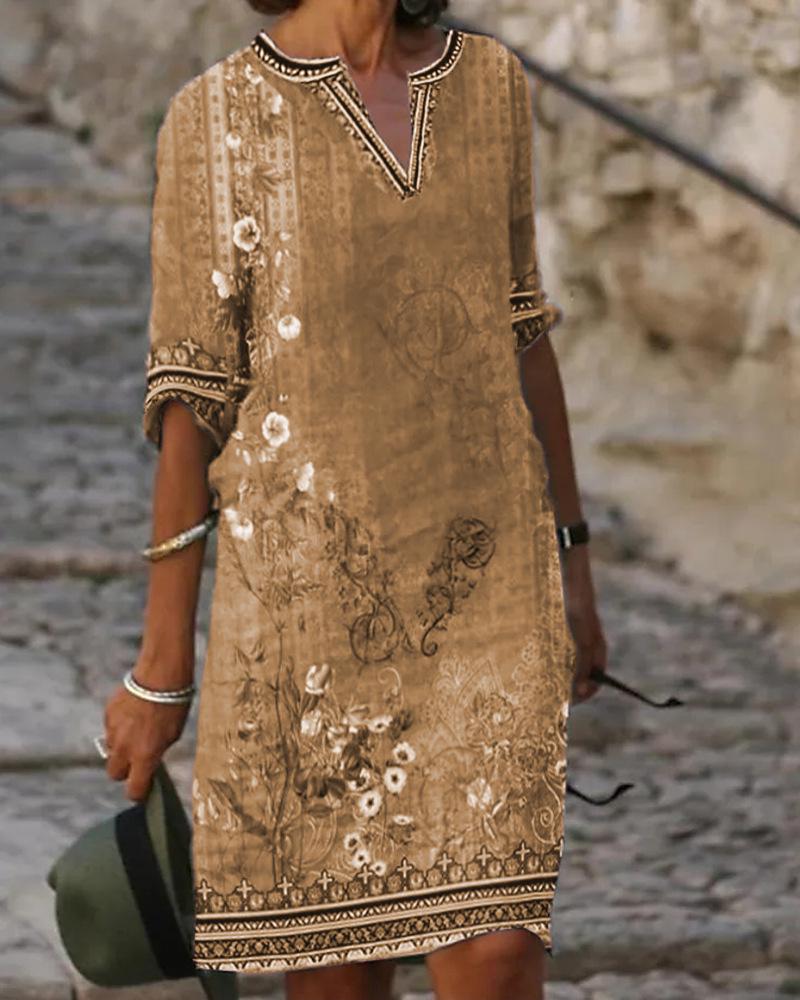 

Весна/Лето 2023 Женское Повседневное Платье В Этническом Стиле С Принтом и V-образным Вырезом 5XL хаки