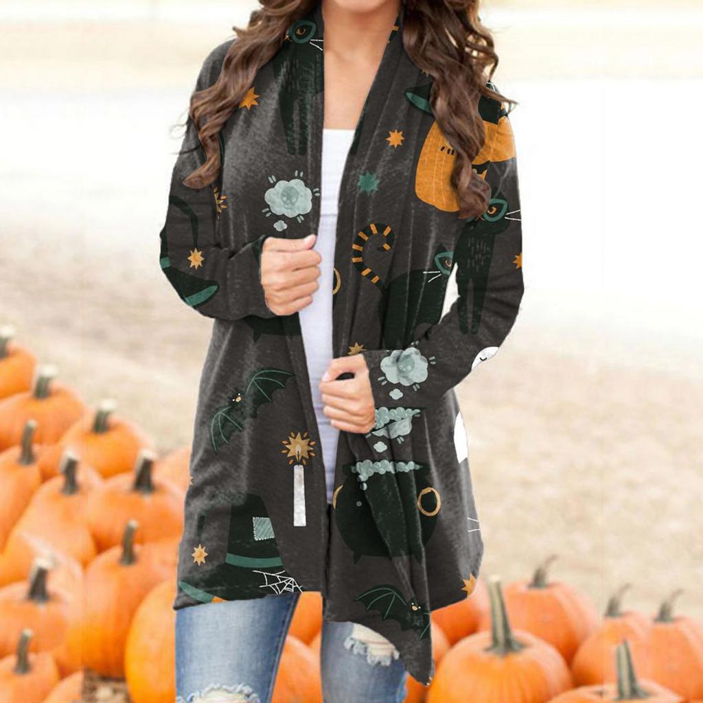 Women's Casual Fashion Halloween Printed Long Sleeve Buttonless Cardigan Jacket