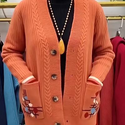 Women Spring Autumn Casual Two Pocket Knit Cardigan Sweater Mother Design Single Breasted V-Neck Cardigan Jacket