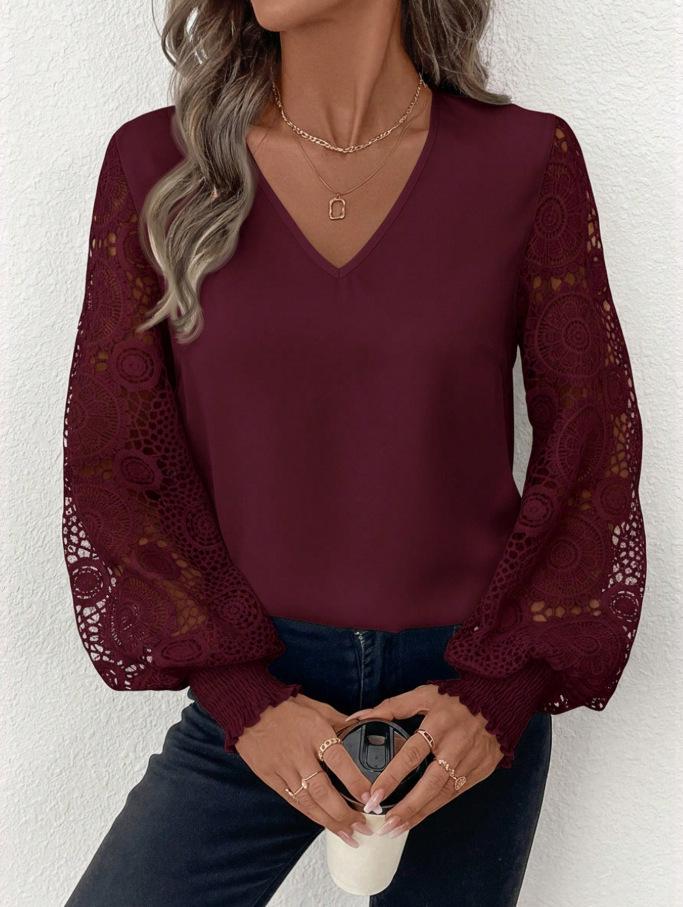 V-Neck Lace Sleeve Women's Pullover Shirt - Available In White, Black, and Dark Red