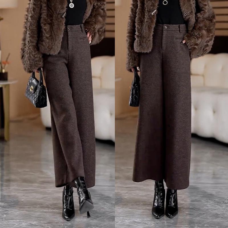 Women's Woolen Wide-Leg High-Waist Pants with Velvet, Autumn/Winter 2025 - Thick, Loose, Straight Leg Design for Small Heights