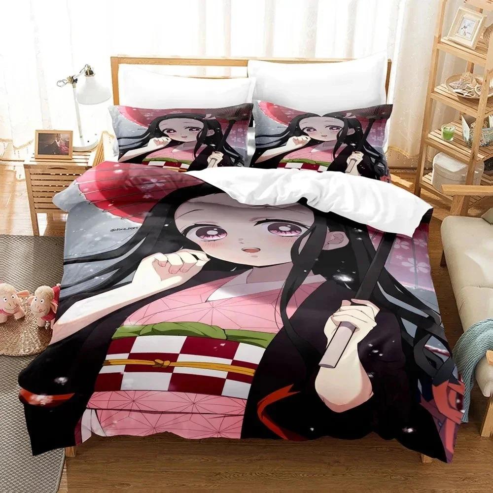 Anime Demon Slayer Nezuko Sängkläder Set Påslakan Sängset Täcke Örngott Täcke king Queen Size Pojkar Vuxen