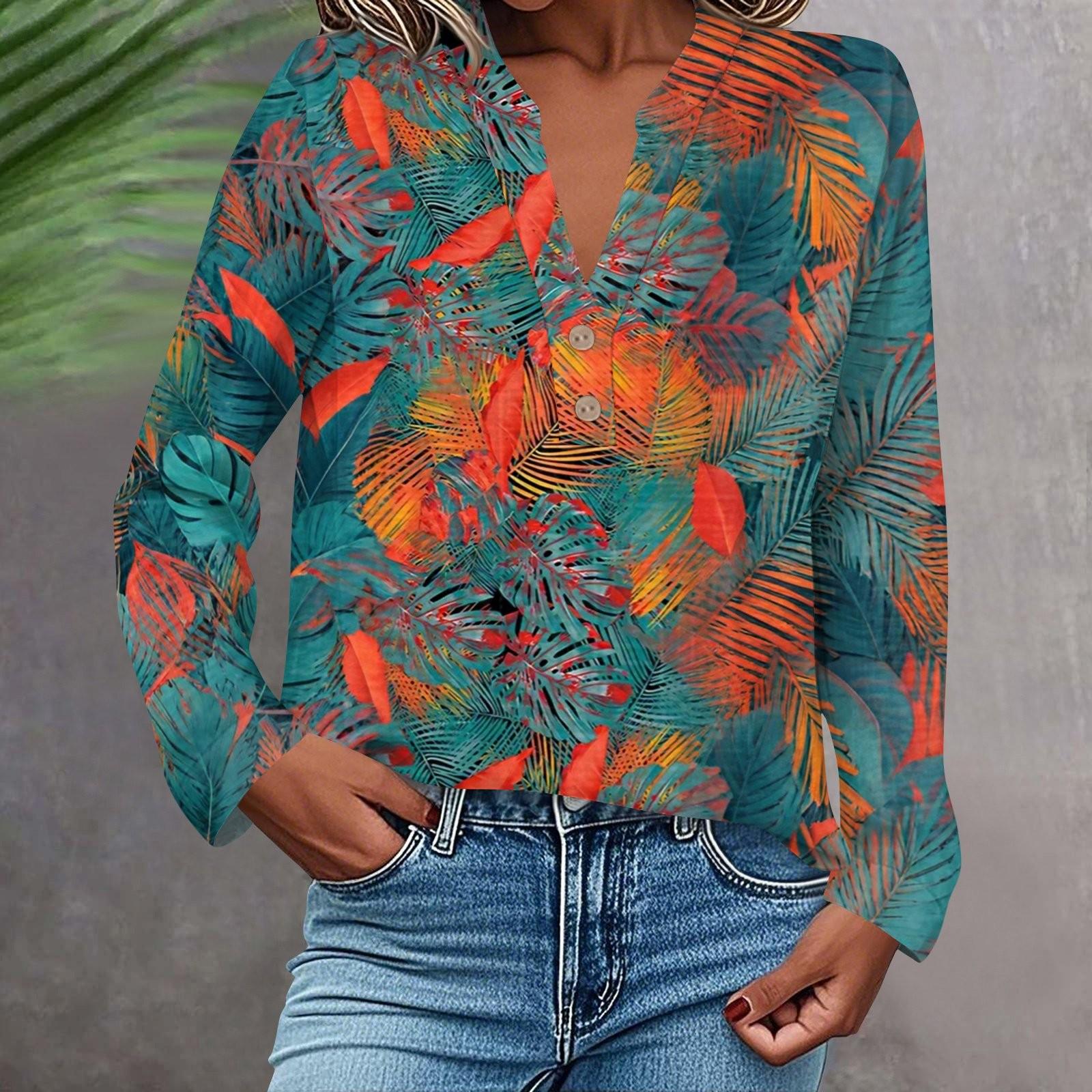 

Женская модная и повседневная рубашка с длинным рукавом, V-образным вырезом, на пуговицах, с принтом, блузка, топ S