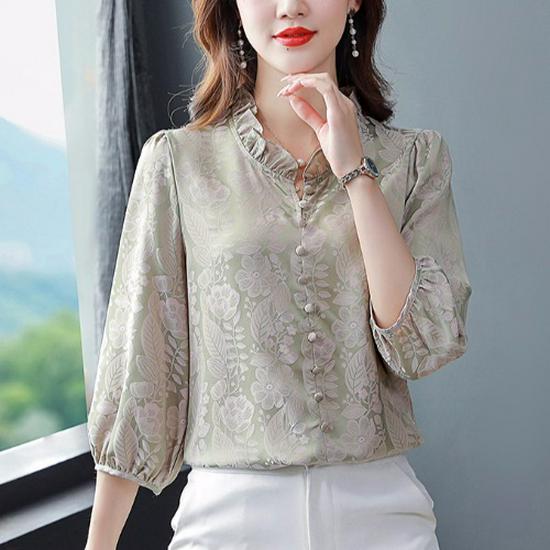 Women's Satin Three-Quarter Sleeve Ruffled V-Neck Top - French Style, Spring Collection, Flattering Fit