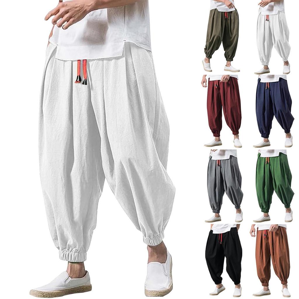 Men's Japanese Cotton Linen Cropped Pants Loose Wide-Legged Pants Plus Size Casual Pants