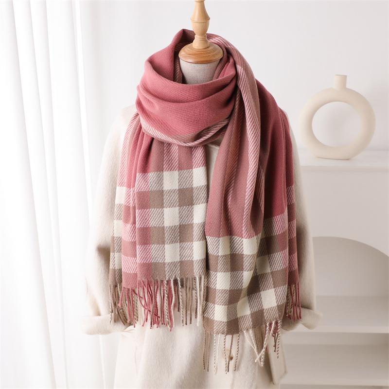 Plaid Color Matching Imitation Cashmere Warm Shawl Scarf Autumn And Winter Fashion High-End Sense Versatile Fringed Scarf