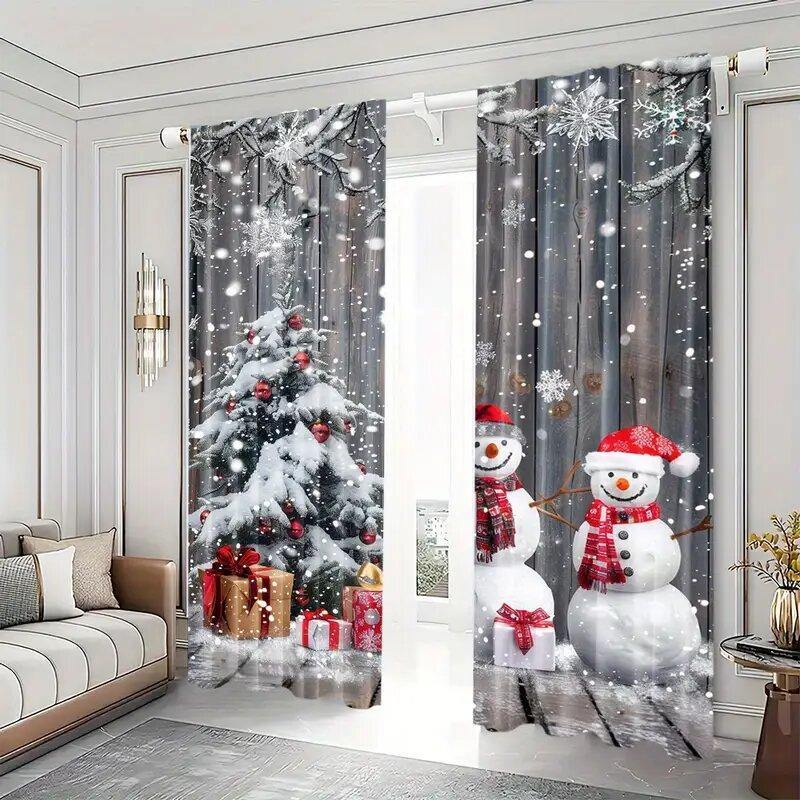 Christmas Snowman Gift Snowflake Pattern Printed Curtains Home Decoration Room Curtain Set Of 2 Made Polyester Washable