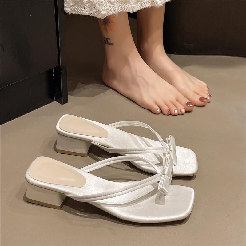 Fashion 2025 Summer Square Toe Slipper Bow Tie Elegant Thong Sandals for Women Mid-Heel with Dress Breathable Design Slippers Zapatos