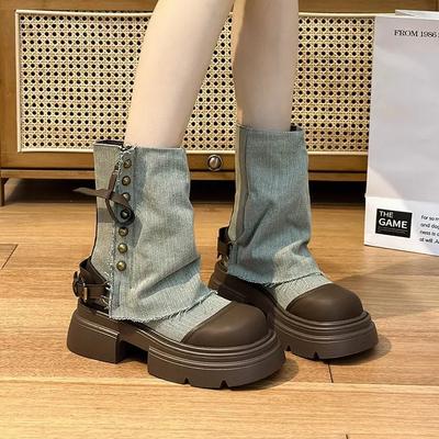 Stivaletti alla Caviglia da Donna Autunno Decorazione Borchie Tacco a Blocco Stivali in Denim Punta Rotonda Confortevoli Stivali da Cowboy Western Botines Mujer
