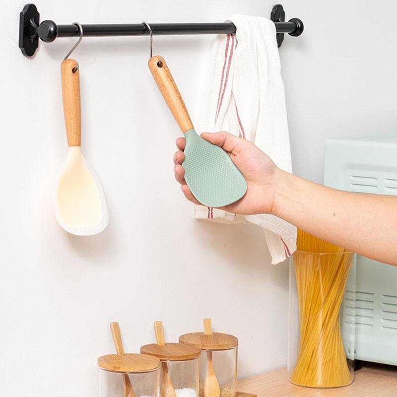 Silicone Rice Spoon Paddle with Wooden Handle Nonstick Heat Resistant Anti-scalding Rice Scooper Hanging Rice Cooker Spatula