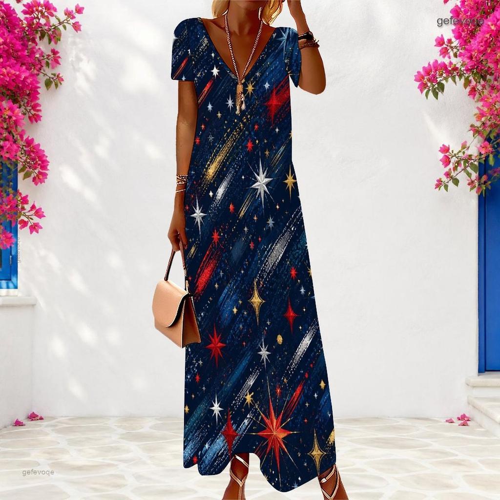Women Plus Size V Neck Short Sleeve White Printed Maxi Dress