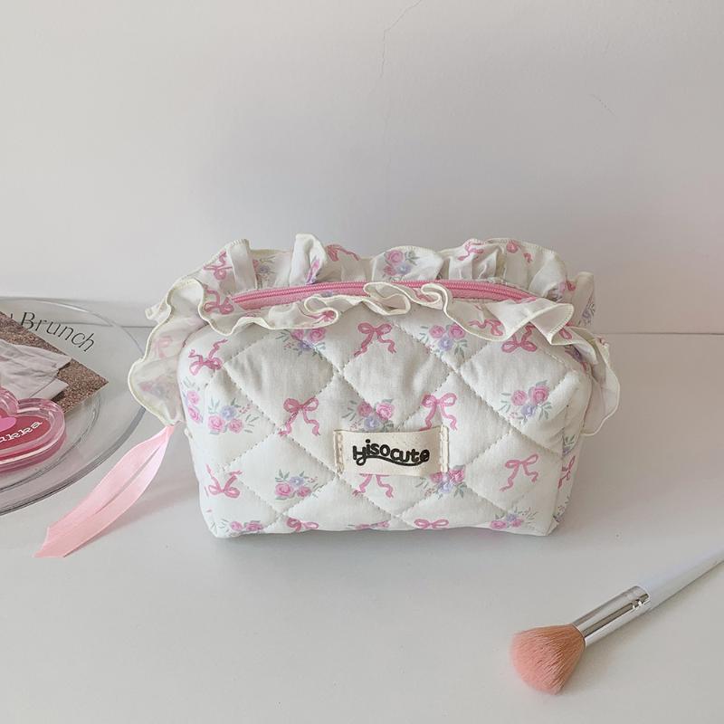 Chic Bow Flower Quilting Cotton Cosmetic Bag for Women, Zippered Makeup Organizer, Portable Cloth Toiletry Handbag for Girls