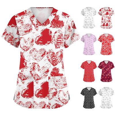 Γυναικείο Χαριτωμένο Μπλουζάκι Εργασίας με Τυπωμένο Φιόγκο, Λαιμόκοψη V, Διπλή στρώση, Τσέπες, Βασικό, Κοντομάνικο, Πουλόβερ