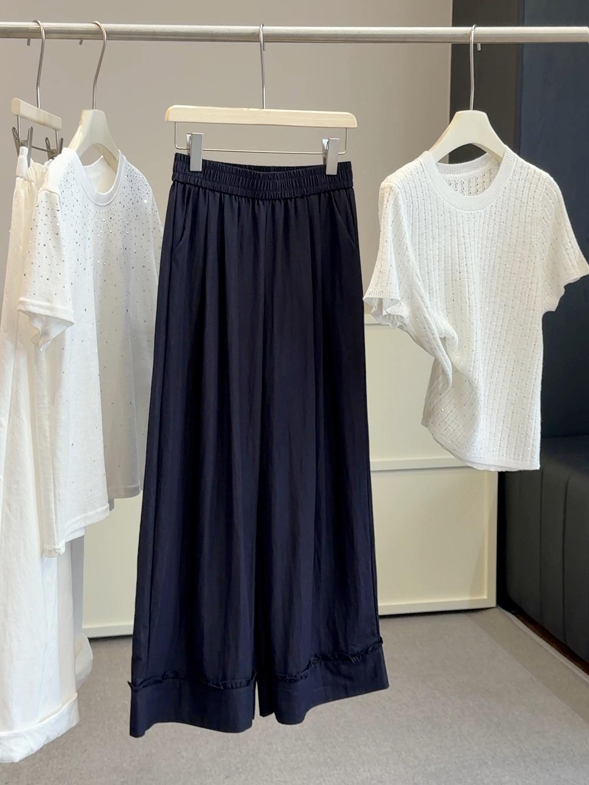 Women s High Rise Wide Leg Pants Loose Fit Elastic Waist Ruffle Hem Cropped Trousers Summer Draped Soft Denim Casual Nine Minutes Pants M