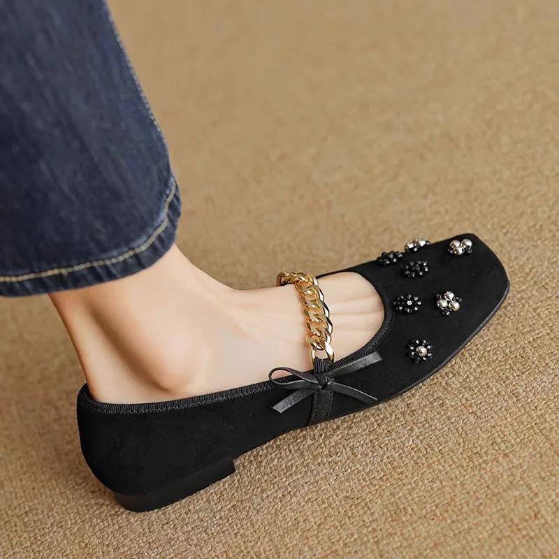 

Fashion Spring and Autumn Fashionable Women s Shoes Square Toe Solid Color Light Water Diamond Decorated Bow Slip-On Women s Flat Shoes 40 чорний