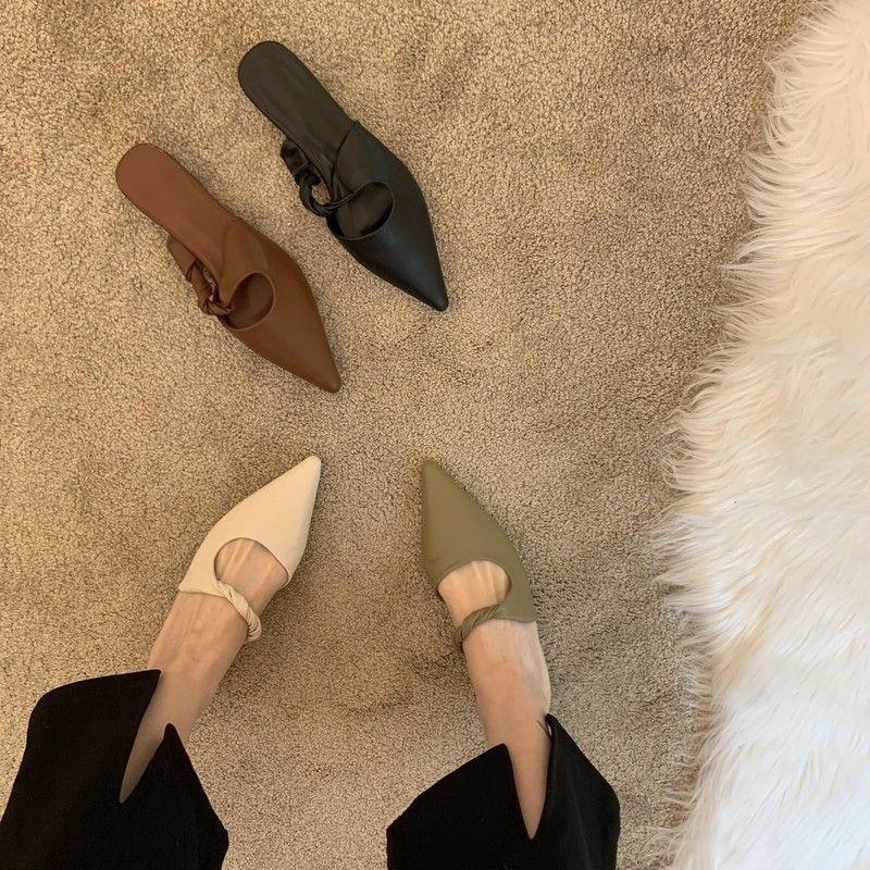 Internet celebrity shoes spring niche design soft leather half bag head low heel slippers women wear French temperament single shoes pointed