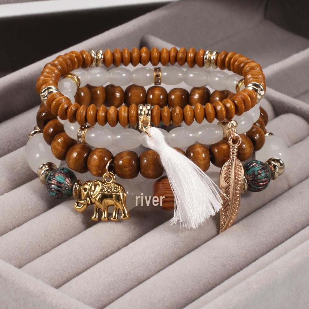 Bohemian Elephant Leaf Tassel Pendant Bracelet with Wooden Beads