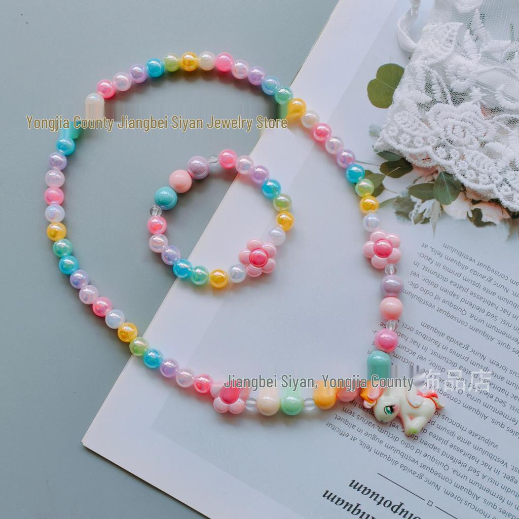 Kids' Colorful Candy Bead Necklace & Bracelet Set with Flower & Unicorn Design
