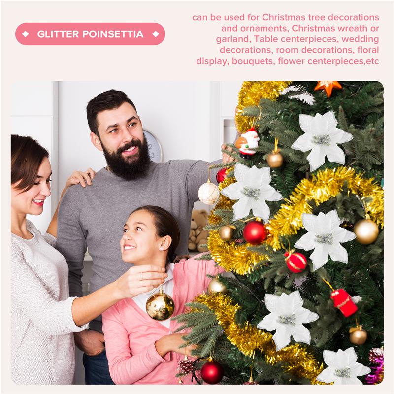 Good-50 Pack Glitter Poinsettia Christmas Tree Ornaments Artificial Silk Flowers Picks Decor Wreath Garland Holiday