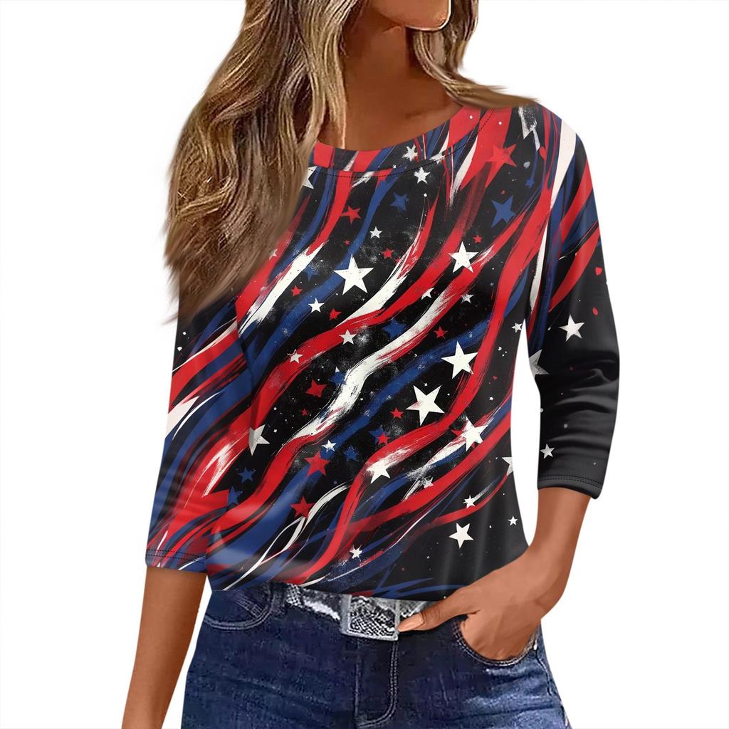 Women’s Long Sleeve Crewneck Top with Printed Star and Stripe Pattern Casual Loose Fit Pullover Shirt for Everyday Wear