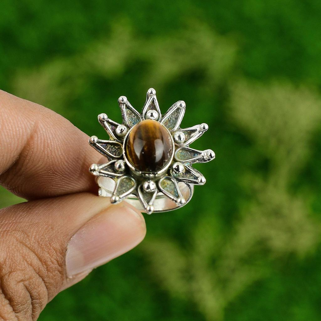 Womens day Deal Natural Tigers Eye Flower Multi Stone Ring Jewelry 925 Silver