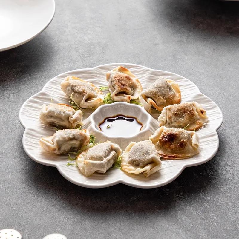 White ceramic dumpling plate with vinegar  special grid plate for household dumpling  shrimp plate, breakfast dish  French fry