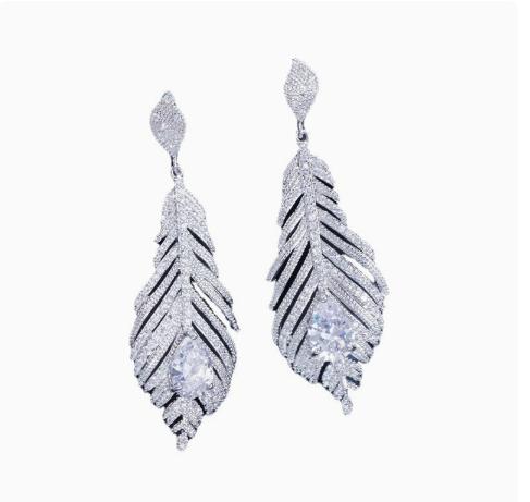 Women s Feather Drop Earrings with Zirconia and Needle Posts, Trendy Elegant Jewelry one size
