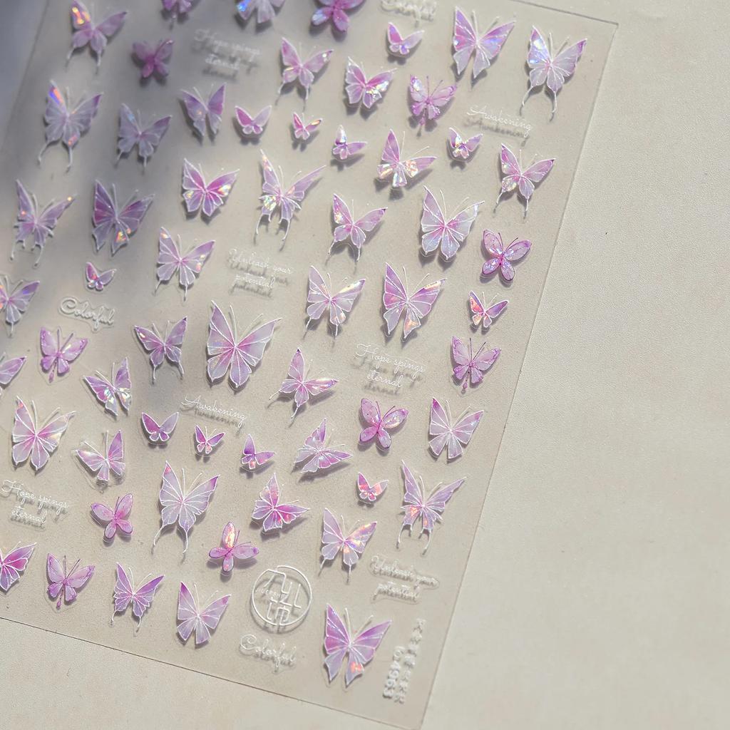Gradient White Pink Butterfly Flower Shiny Stars Chic Spring Petal 5D Soft Adhesive Nail Art Stickers Decorations Manicure Decal