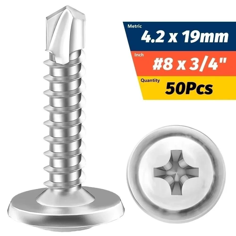 50PCS Stainless Steel Self Tapping Screws Flat Head Cross Phillips Metal Screws High-Strength Round Washer Self Drilling Screws