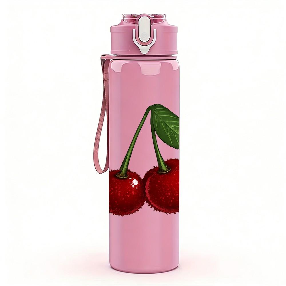 1PC Fresh Red Cherry Fruit Pair Print 750ml Color Plastic Sports Water Bottle Leakproof Flip Straw Lid Suitable for Sports Office Home Use