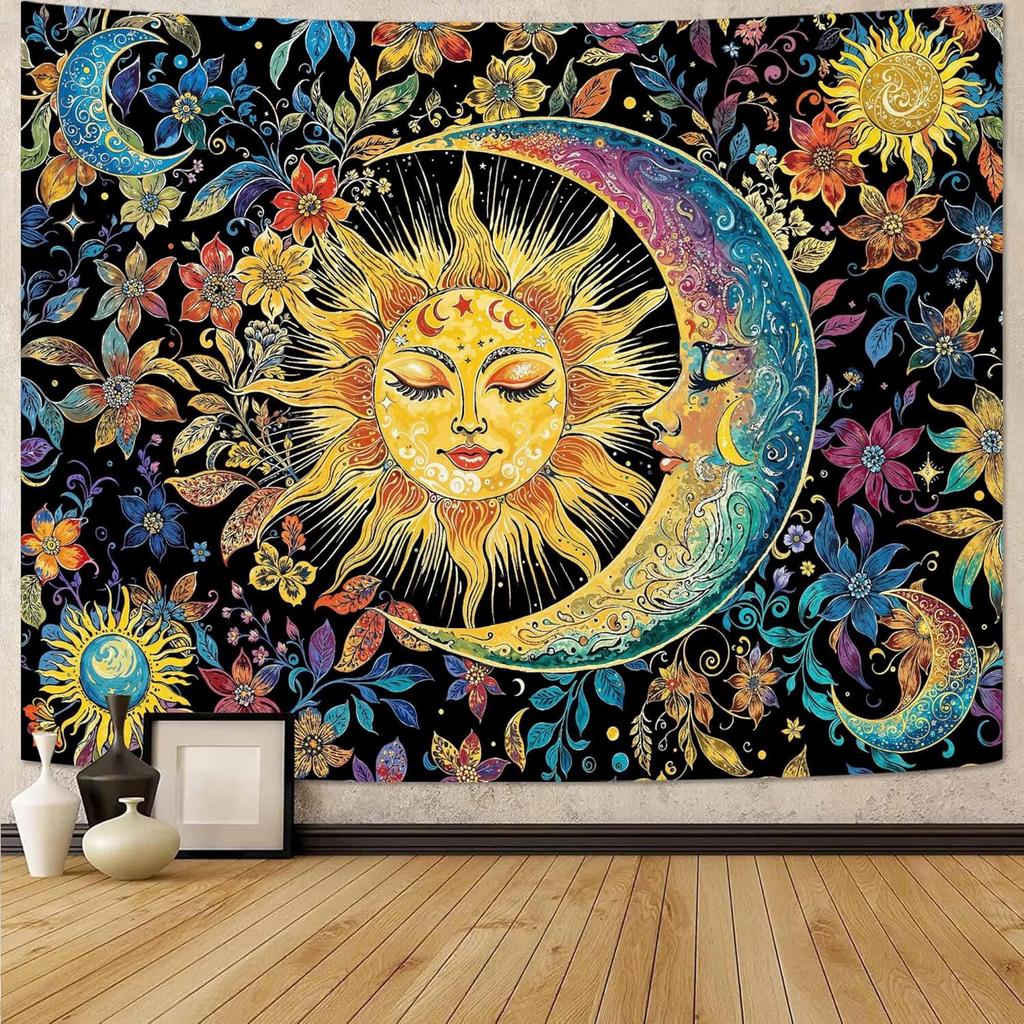 VIKAMA Tapiz Sol Luna Dormitorio Hippie Bohemio Flor Tapiz de Pared Flor Retro Plantas Espíritu Celestial Gran Tapiz