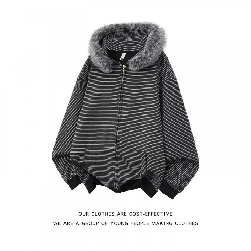 Unisex Retro Striped Hooded Zip-Up Sweatshirt With Faux Fur Trim Oversized Fit Fall Casual Outerwear