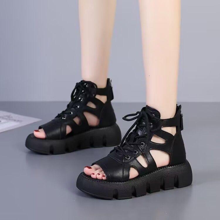 Mode Nouveau 2025 Nouveau Aide Cool Bottes Femme Respirant Été Semelle Épaisse Antidérapant Fond Muffin Sandales Plates Romaines Femme