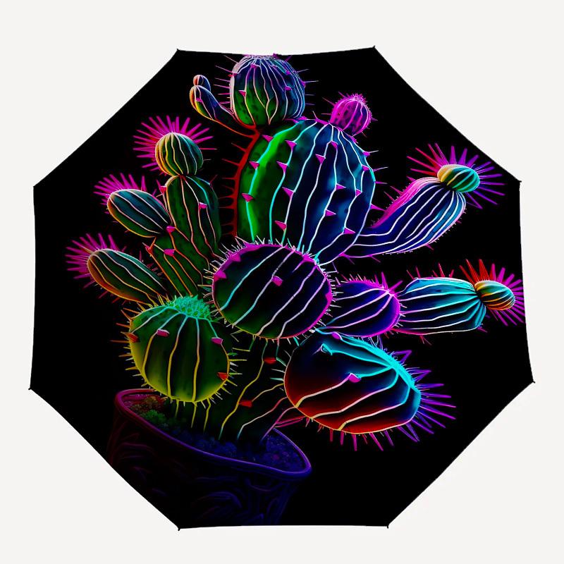 1pc Neon Cactus Artwork Umbrella with Plastic Handle,Suitable for All Seasons UmbrellaPT479