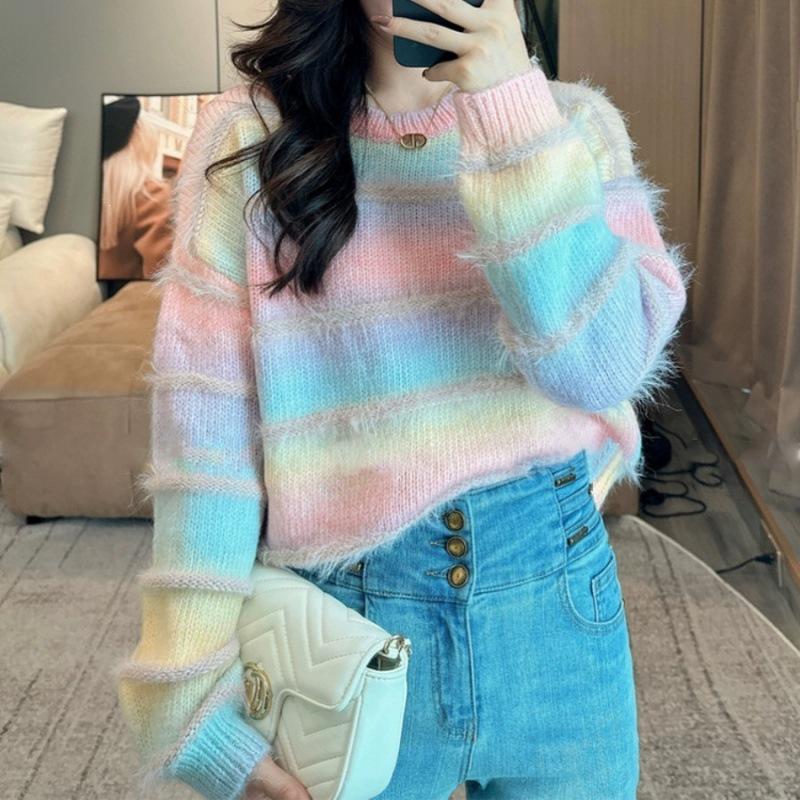 Women's Soft Mink Fur Gradient Sweater - Loose Knit, Long-Sleeved, Autumn/Winter Fashion