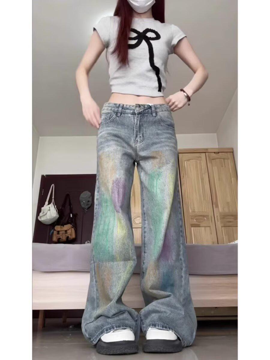 

Женские джинсы с высокой талией, ретро-стиркой и широкими штанинами - Коллекция Лето 2025 5XL синий