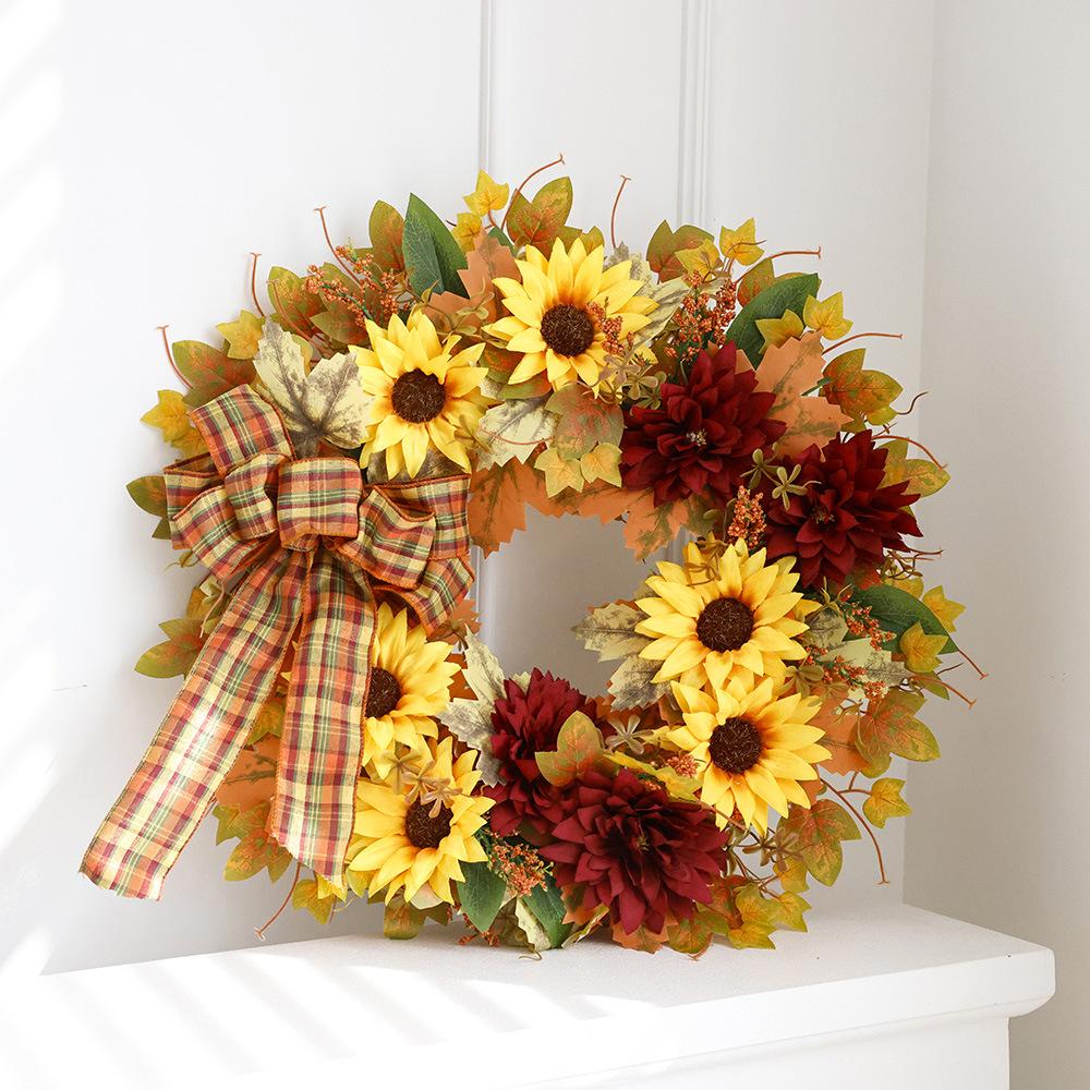 Fall Wreath 20inch Fall Sunflower Wreaths for Front Door Artificial Autumn Wreath with Maple Leaves Burlap Bows for Thanksgiving