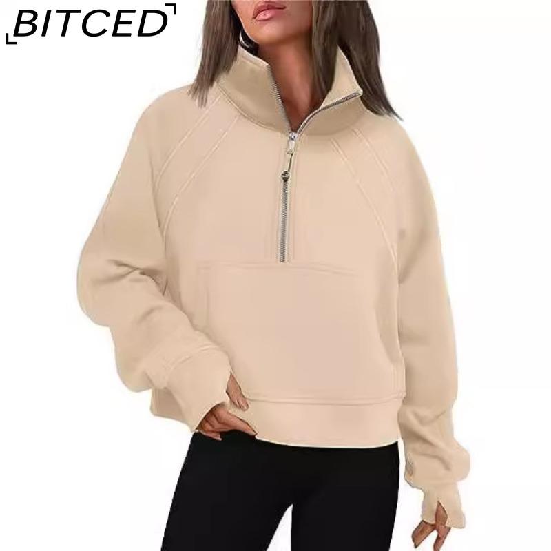 BITCED Autumn/Winter Women's Half-Zip Short-Sleeved Stand Collar Fleece-Lined Solid Colour Sweatshirt