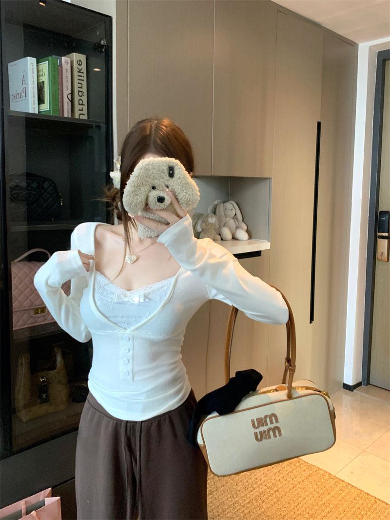 

Lace Splice Two-Piece Bow Long Sleeve Slim Layered Women s Top – Autumn Waist-Cinched Design Medium