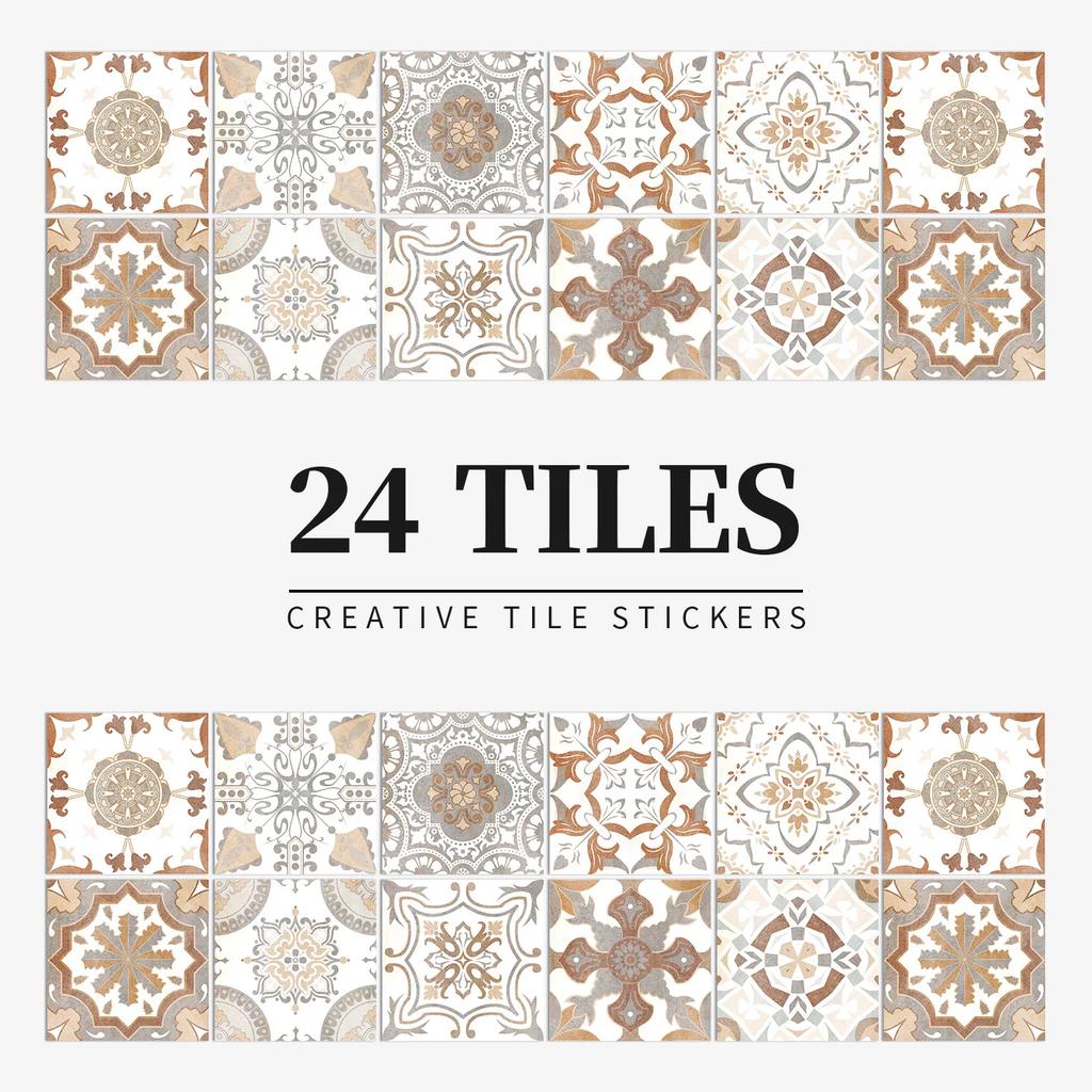 24Pcs Gray Moroccan Wall Sticker Art Water-Repellent Vinyl Peel And Stick Tile Sticker Home Decor Kitchen Bathroom